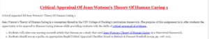 Critical Appraisal Of Jean Watson's Theory Of Human Caring 1