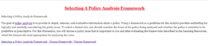 Selecting A Policy Analysis Framework