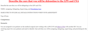 Describe the care that you will be delegating to the LPN and CNA